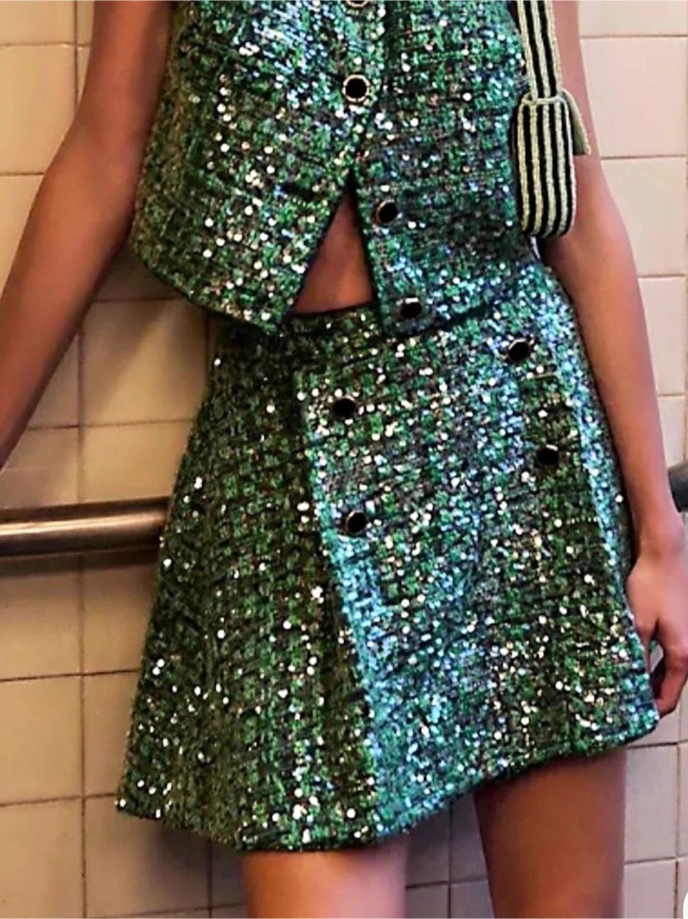 Maeve Sequin Tweed Mini Skirt Green & Black XL
